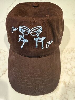Anthropologie Brown Baseball Cap with Light Blue Embroidery